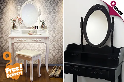 For QR349, Get Ready with a White OR Black Antique Style Dressing Table & Cushioned Stool - Includes FREE Delivery! (QR799 Value)